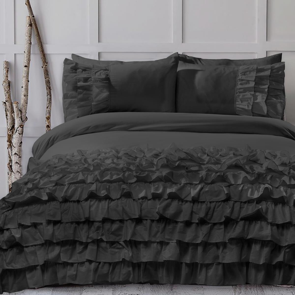 8 Pcs Frilly Black Bed Sheet Set with Quilt, Pillow and Cushions Covers