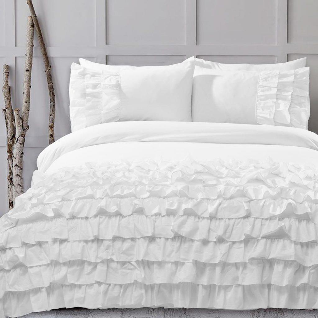 8 Pcs Frilly White Bed Sheet Set with Quilt, Pillow and Cushions Covers