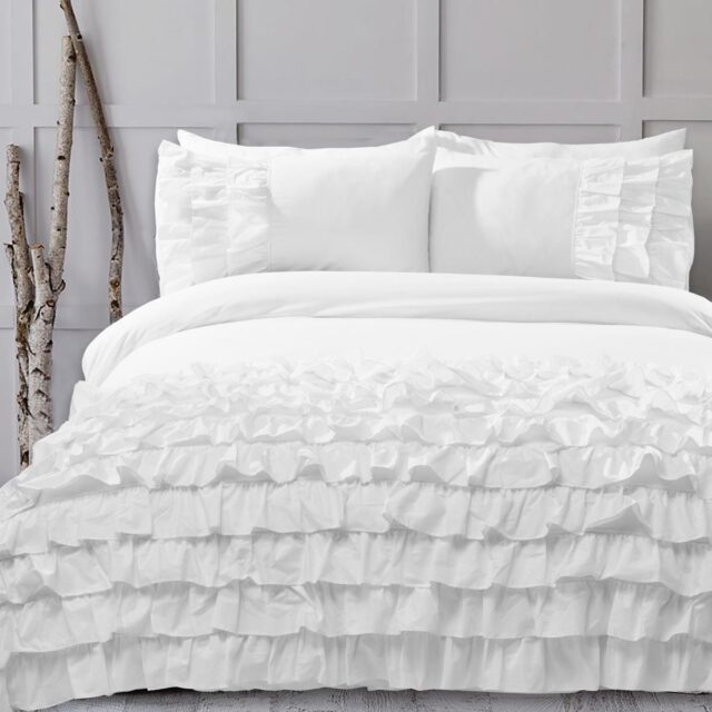 8 Pcs Frilly White Bed Sheet Set with Quilt, Pillow and Cushions Covers