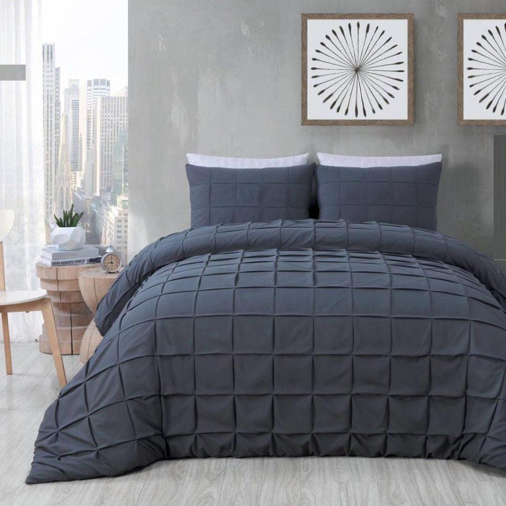 8 Pcs Pleated Square Charcoal Bed Sheet Set With Quilt, Pillow And Cushions Covers
