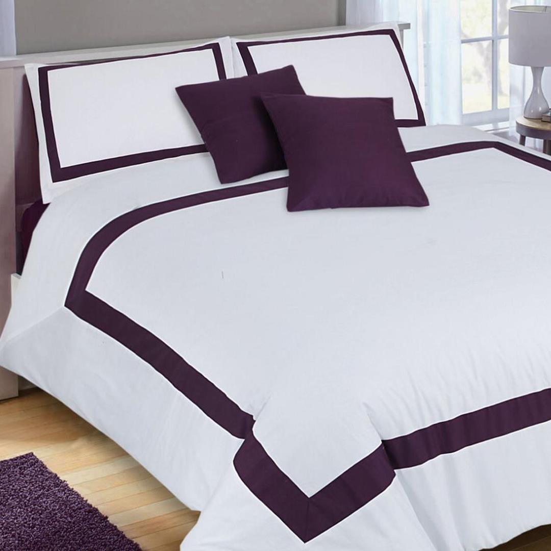 8 Pcs Purple Plain Panel White Bed Sheet Set With Quilt, Pillow And ...
