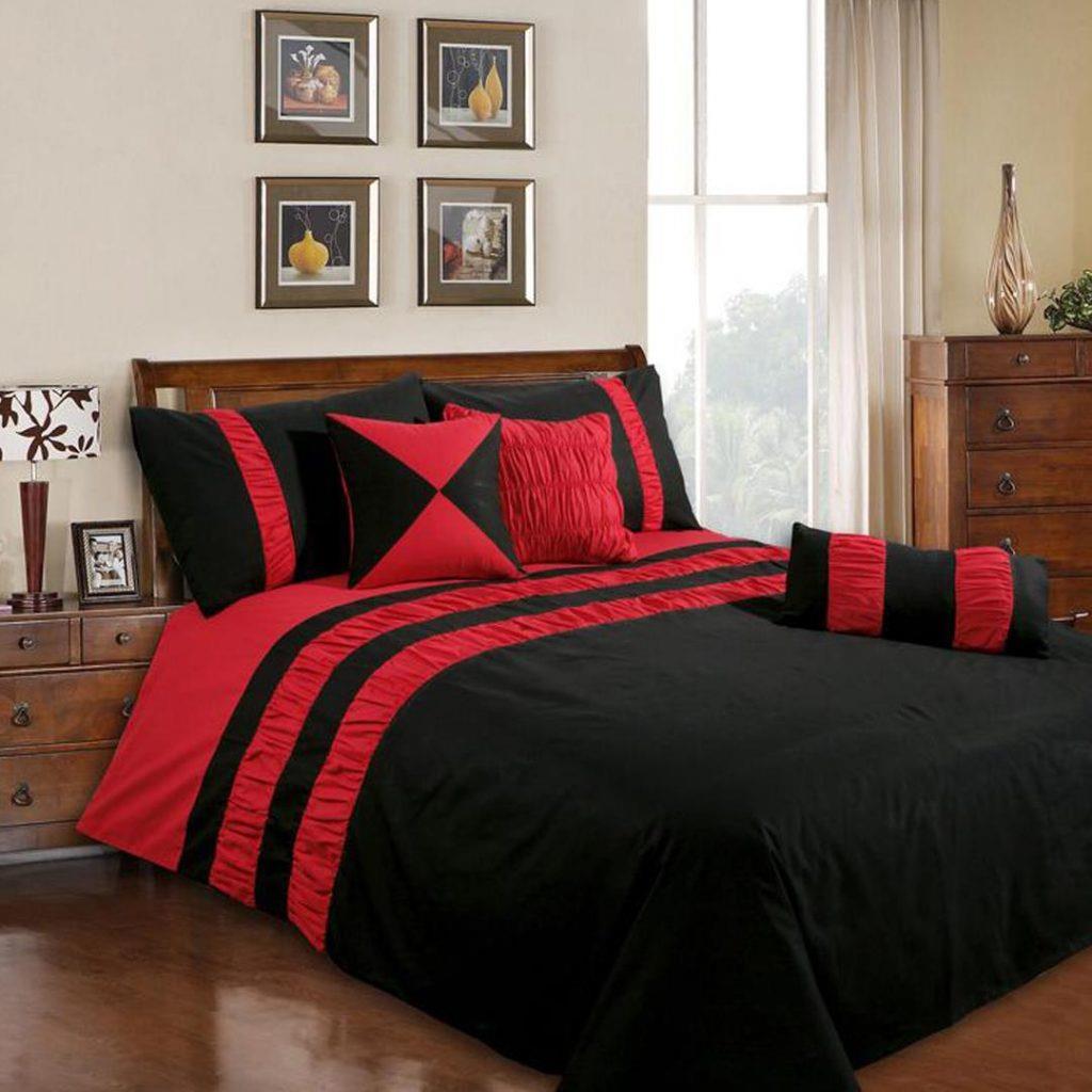 9 Pcs Black with Red Stripes Bed Sheet Set With Quilt, Pillow And Cushions Covers