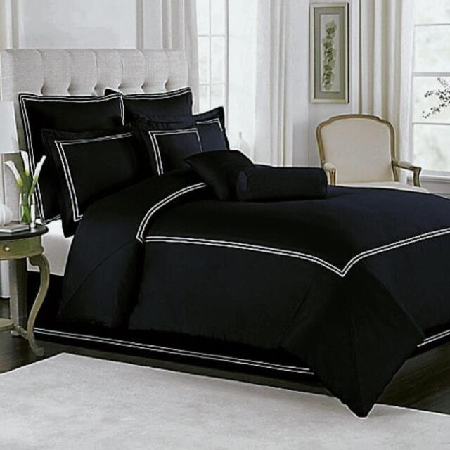 9 Pcs Dyed Black and White Double Lines Bed Sheet Set With Quilt, Pillow And Cushions Covers