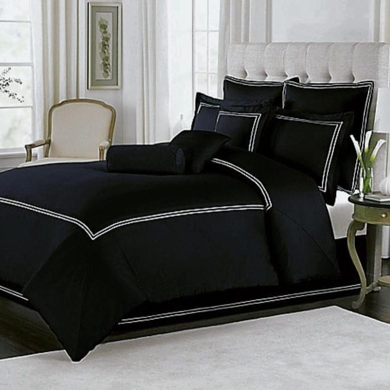 9 Pcs Dyed Black and White Double Lines Bed Sheet Set With Quilt, Pillow And Cushions Covers
