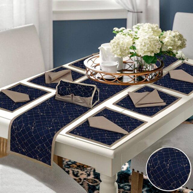 14 Pcs Quilted Table Runner Set Navy Blue