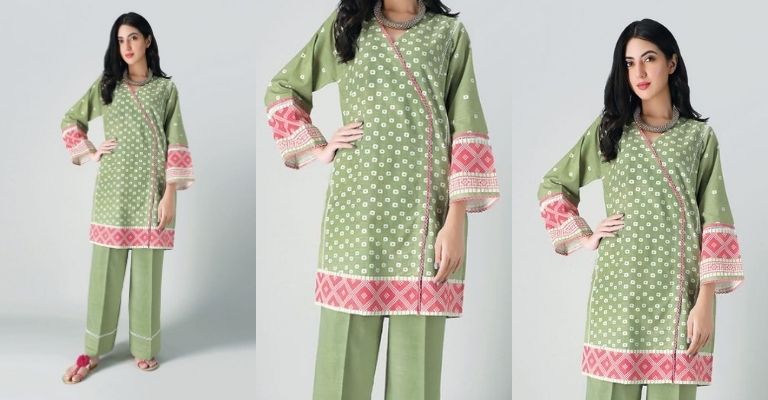 Green Khaddar Printed Kameez and Plain Pants 