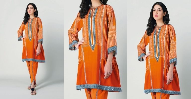 Orange Khaddar Printed Kameez Pants