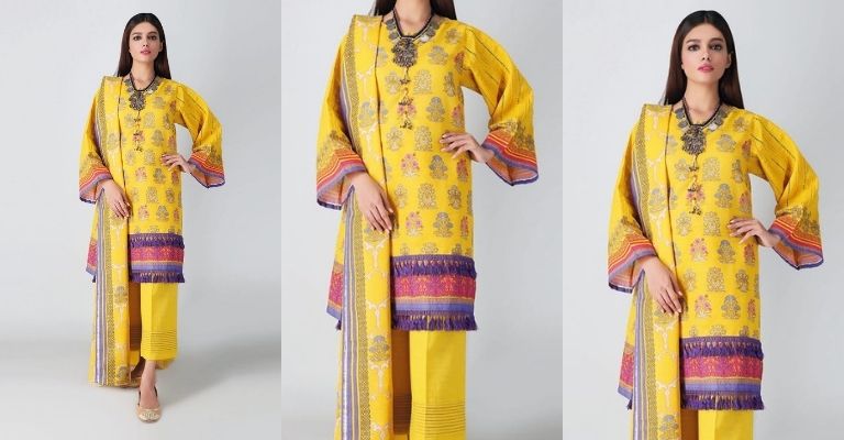 Yellow Khaddar Printed 3 Piece Suit